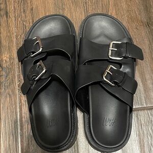 H&M Black Slide Sandals with Silver Buckles